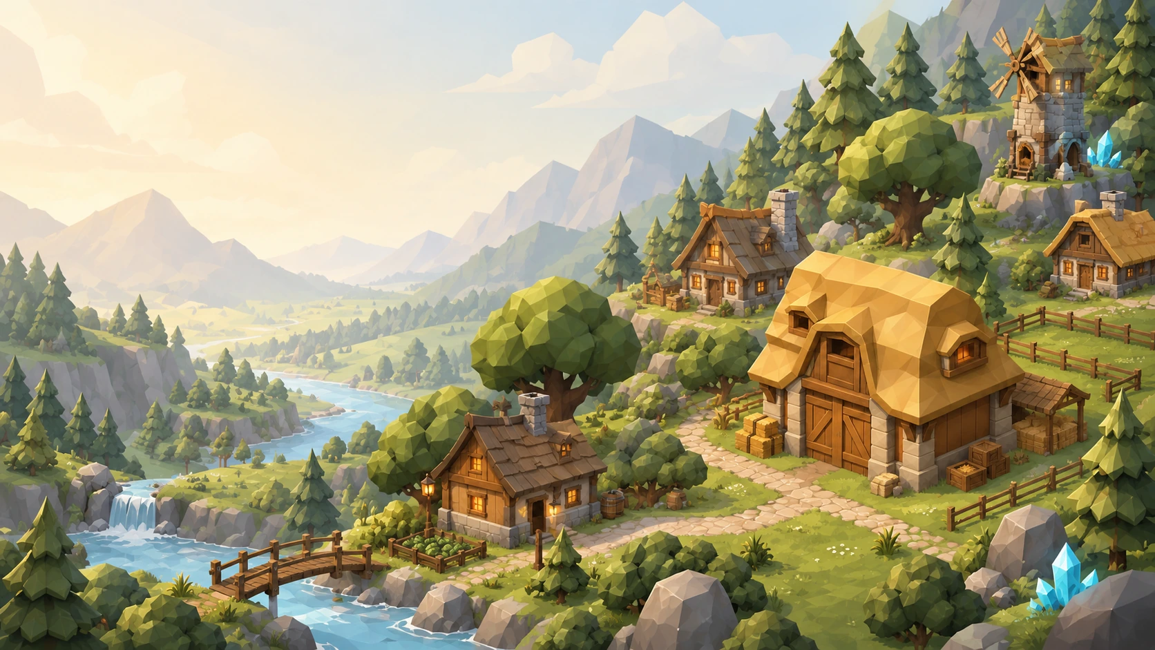 Une vallée facettée, des maisons de bois et une grange au toit de paille dorée.